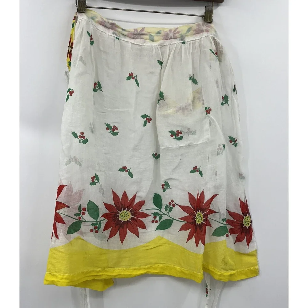 Vintage Christmas Hostess Apron Poinsettias Holly Berries Yellow Trim